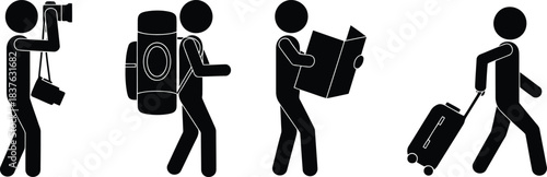 Four black silhouette stick figures illustrating common actions of travelers and tourists on a journey