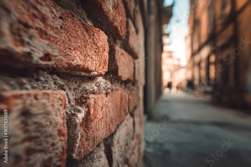 A detailed close-up of brick texture with a softly blurred urban background.