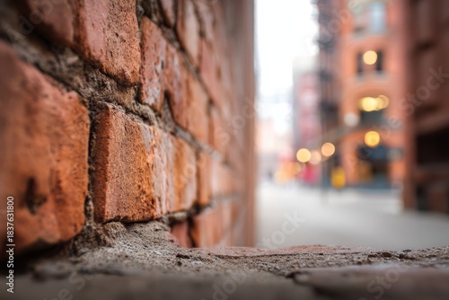 A detailed close-up of brick texture with a softly blurred urban background.