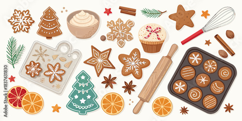 vector Christmas Delightful Christmas Cookies & Baking Vector Set: Sweet Treats, Ingredients, and Festive Kitchen Items