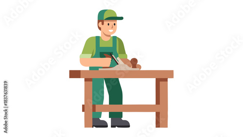 Happy Carpenter Working With A Planer On A Wooden Table And Wearing Green Overalls And Cap With A Smiling Face And A Clear Background