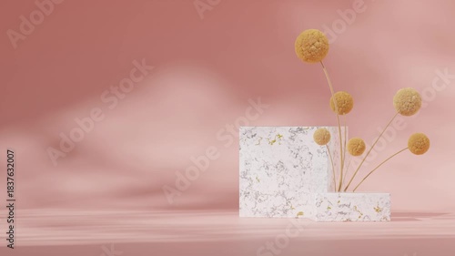 yellow mimosa and pink wall in 3d video render of blank mockup white marble block podium looping seamless shadow animation