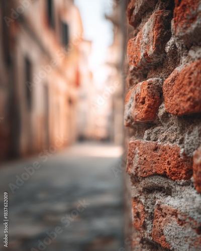 A detailed close-up of brick texture with a softly blurred urban background.