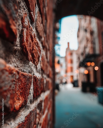 A detailed close-up of brick texture with a softly blurred urban background.