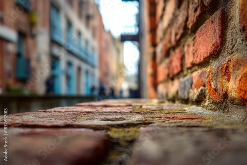A detailed close-up of brick texture with a softly blurred urban background.