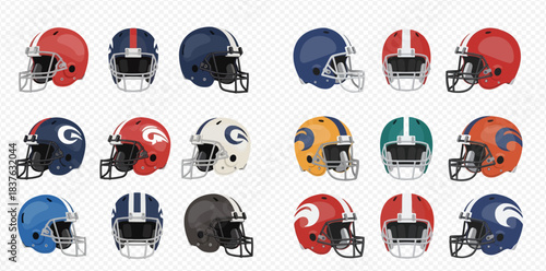 Diverse Sports Helmets Collection with Stylized Graphics on Transparent Background for Athletic Themes 2dflat