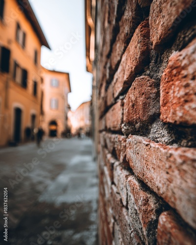 A detailed close-up of brick texture with a softly blurred urban background.