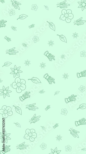 Light green vertical background with flowers and leaves designs suitable for spring-themed design projects, wedding invitations, and feminine product branding.