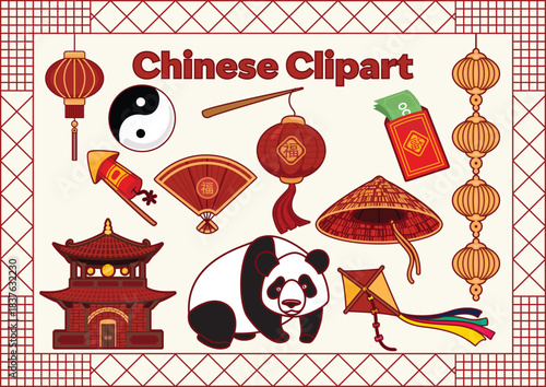 Chinese Culture Clipart Festival Luana Traditional Vector Set of 11