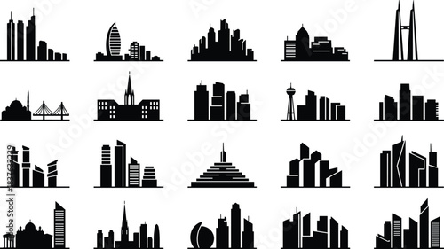 Urban skyline silhouettes collection, modern cityscape landmarks, architectural vector icons, international buildings set, graphic skyline illustration, cad drawing flat vector illustration