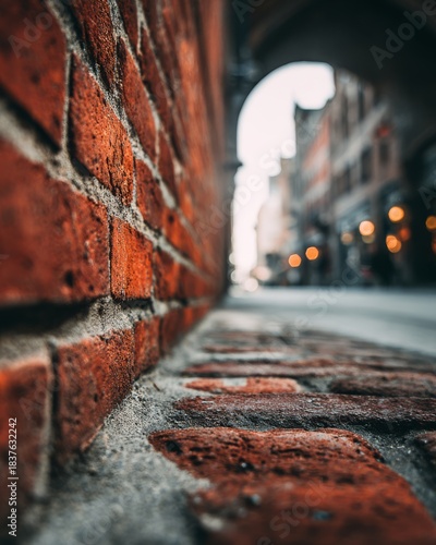 A detailed close-up of brick texture with a softly blurred urban background.