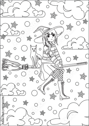 Girl in Broom with Cat Flying on Sky Coloring Page for Kids Vector