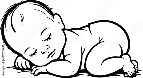 Sweet outline drawing of a newborn baby sleeping peacefully on its side with eyes closed