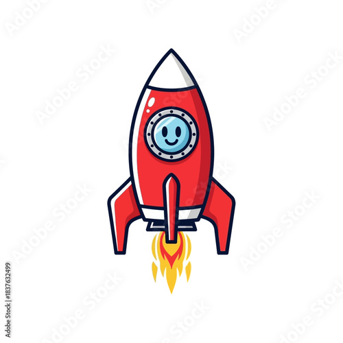 Cartoon rocket ship launching with happy face window illustration space travel adventure blast off ignition ascent