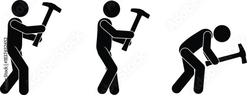 Three black stick figures demonstrate different postures while swinging and using a hammer tool