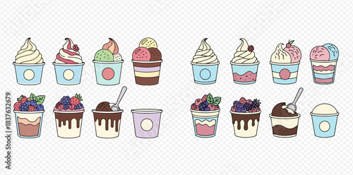 Sweet Treats Delightful Collection of Frozen Dessert Cups with Berries Chocolate and Creamy Soft Serve 2dflat