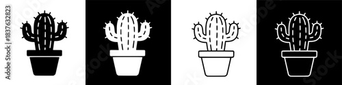 Collection of four stylized vector icons depicting potted cacti, perfect for modern desert plant concepts, succulent designs, or indoor flora graphics in black and white styles