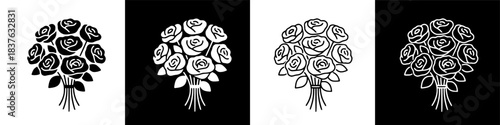 Collection of stylized graphic illustrations featuring elegant rose bouquets, depicted in contrasting black and white minimalist icon designs, ideal for symbolic and decorative use