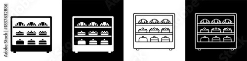 Modern Confectionery Display Cases with Assorted Baked Goods Icons - Vector Illustration Set for Retail Bakery and Dessert Shop Designs