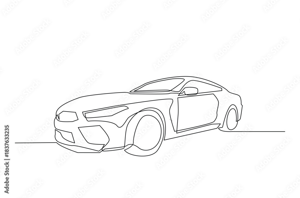 Fototapeta premium Continuous one line drawing of sporty supercar. Luxury Sport Car in single line art illustration. Editable vector.