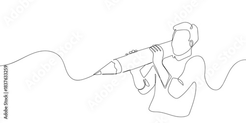 A person is writing with a large pencil in one continuous line. simple linear style. Doodle vector illustration Editable stroke.