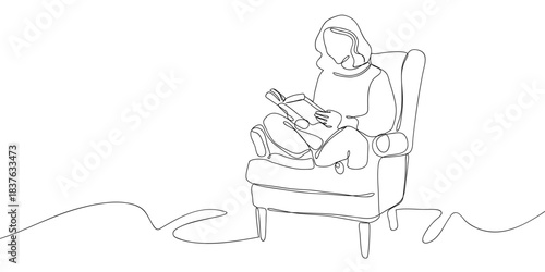 A woman sits reading a book on a sofa in one continuous line. simple linear style. Doodle vector illustration Editable stroke.