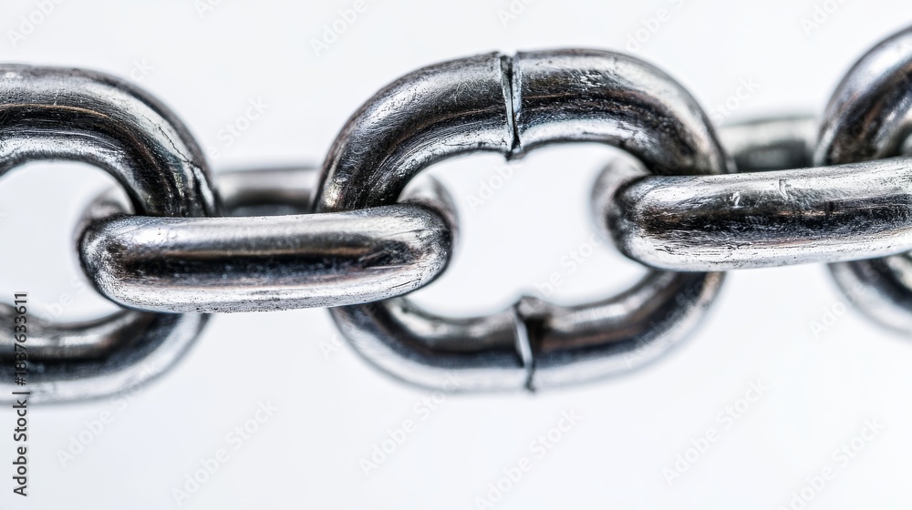 Obraz premium Snapped industrial strength silver metal chain with tension fracture visible, extreme close-up showing metallurgical details of broken link, high contrast between polished steel and white seamless