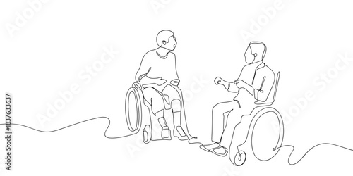 Two people sitting in wheelchairs in one continuous line. simple linear style. Doodle vector illustration Editable stroke.