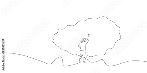 People are casting a net to catch fish in one continuous line. simple linear style. Doodle vector illustration Editable stroke.
