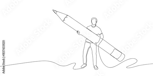 A person is holding a large pencil in one continuous line. simple linear style. Doodle vector illustration Editable stroke.