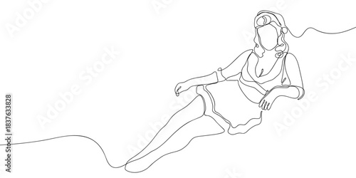 A woman wearing a Santa costume in one continuous line. simple linear style. Doodle vector illustration Editable stroke.
