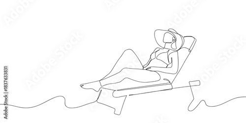 Bikini-clad woman lying on a beach chair in one continuous line. simple linear style. Doodle vector illustration Editable stroke.