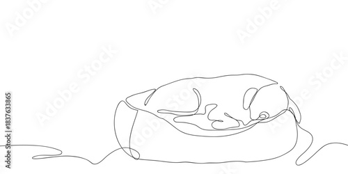 Dog is sleeping in pet bed in one continuous line. simple linear style. Doodle vector illustration Editable stroke.