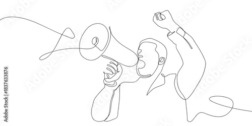 Protest speech with a megaphone in one continuous line simple linear style. Doodle vector illustration Editable stroke.
