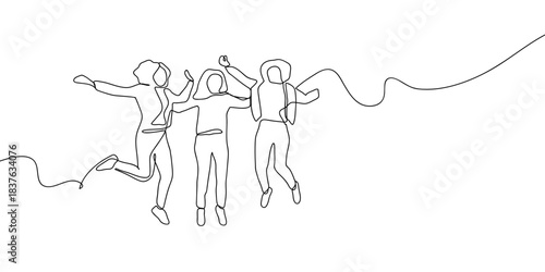 A group of young women jumping happily in one continuous line. simple linear style. Doodle vector illustration Editable stroke.