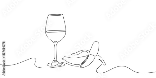 Wine glass and banana in one continuous line simple linear style. Doodle vector illustration Editable stroke.