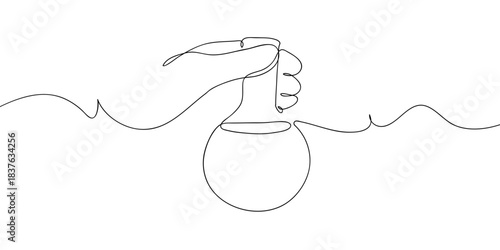 Hand holding a chemical test tube in one continuous line. simple linear style. Doodle vector illustration Editable stroke.