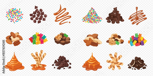 Assortment of Sweet Dessert Toppings Candy Sprinkles Chocolate Chips Nuts Caramel Sauce and Cookie Crumbles for Bakery and Confectionery 2dflat