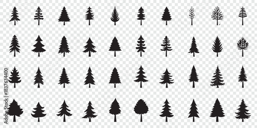 Christmas tree icon set, festive pine silhouettes and decorated holiday trees with stars and ornaments for winter. Decorative Black Christmas Tree Icons Collection for Holiday Design. EPS 10. 
