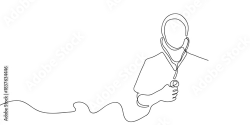 The doctor wears a stethoscope, listening to the heart sound continuously. simple linear style. Doodle vector illustration Editable stroke.