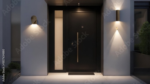Modern Home Entrance with Illuminated Sconces and Dark Door at Night.
