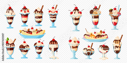 Sweet Desserts Collection Delicious Ice Cream Sundaes Parfaits and Banana Splits with Rich Toppings 2dflat