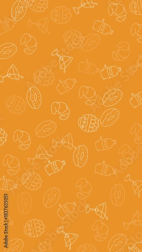 Pattern of vertical food background doodles featuring donuts, milk, croissants, and cocktails for food and beverage-related designs such as menus and packaging. Food Doodle with Flicker animation