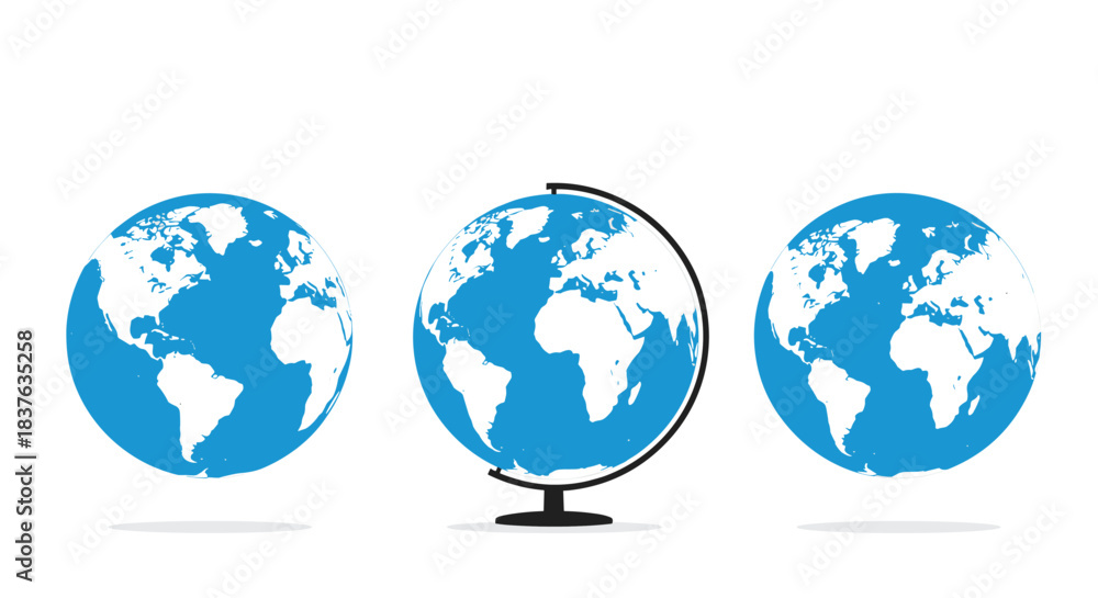 Fototapeta premium Three different vector illustrations of the globe, including two floating spheres and one on a stand, showing different continents.