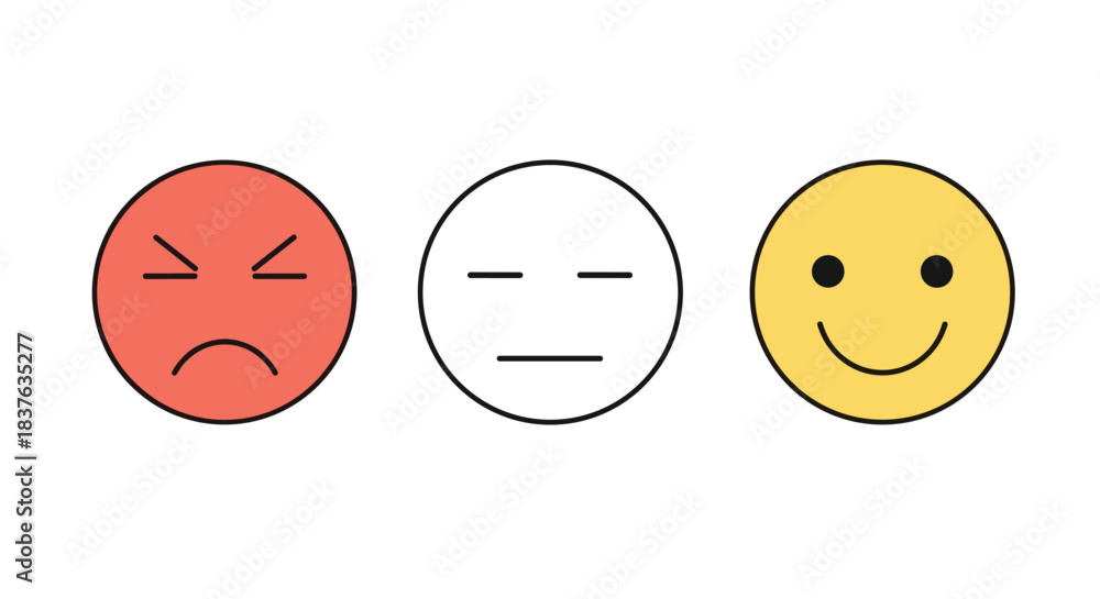 Fototapeta premium Three simple emoticons for feedback, showing angry, neutral, and happy faces with minimalist outlines and basic colors.