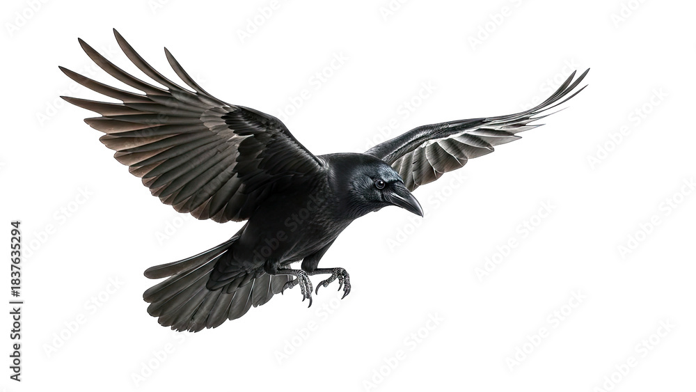 Fototapeta premium Raven in Flight on White Background