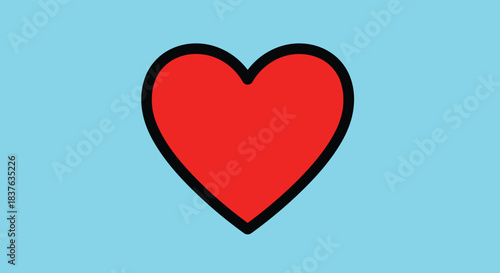 Simple, bold red heart with a thick black outline, centered on a bright light blue background, symbolizing love and affection.