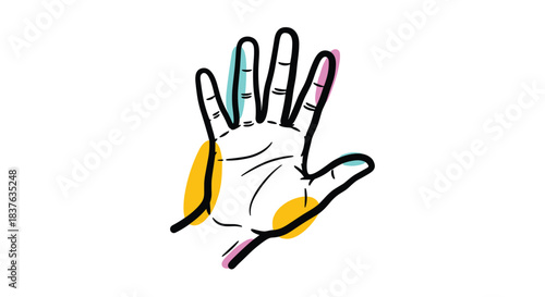 Hand-drawn illustration of an open palm with abstract colorful accents, symbolizing a greeting, help, or communication.
