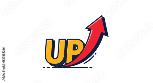 Free Download Cartoon-style graphic with the word UP in yellow and a red arrow pointing upwards, symbolizing growth, success, and progress. - GFXLoad