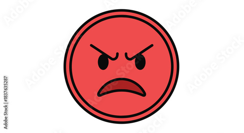 A round, red cartoon emoticon with an angry expression, featuring furrowed brows and a frowning mouth on a white background.